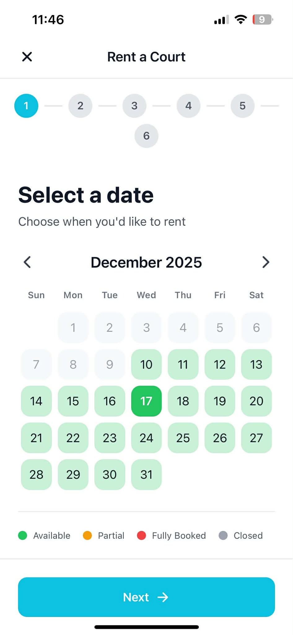Epick! booking process step 1: Select Date - Pick the day you want to play