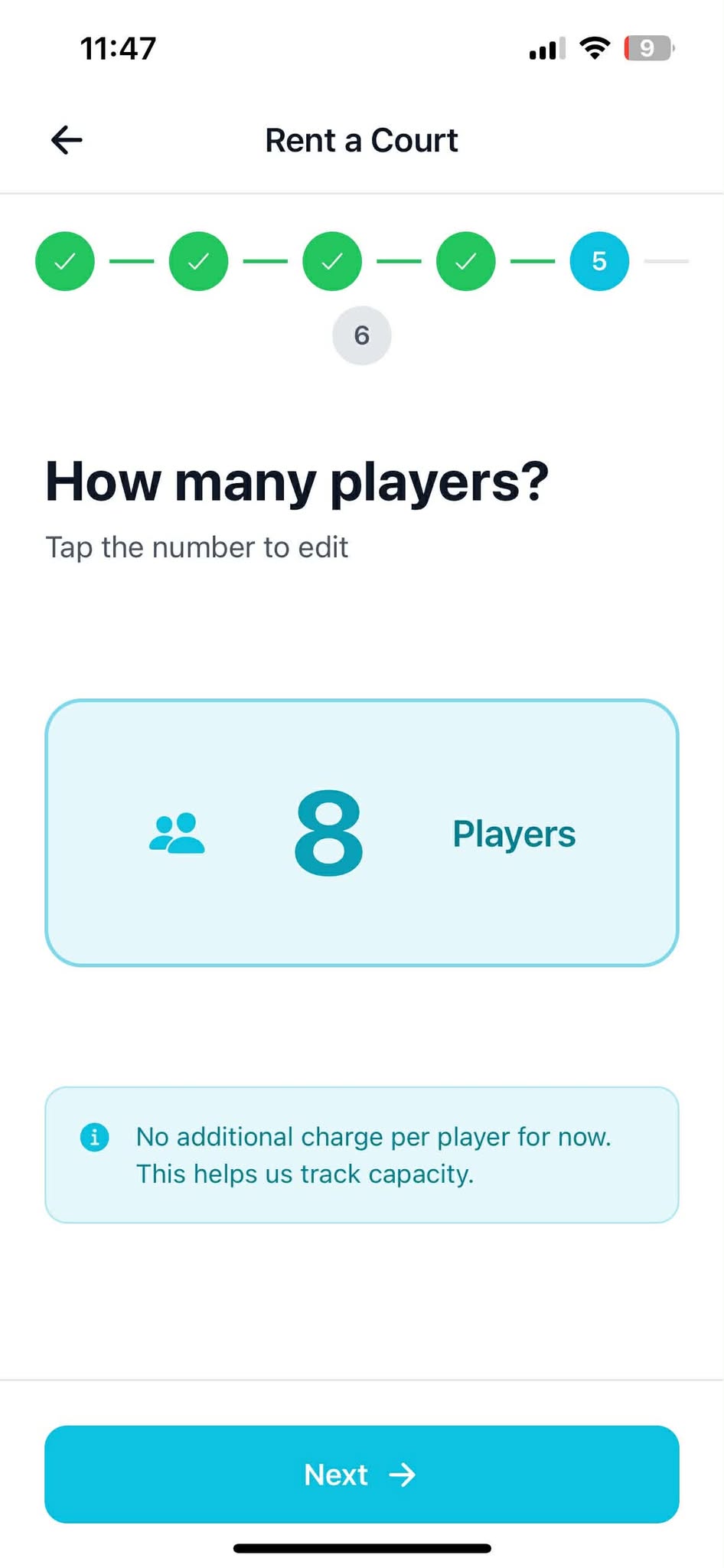 Epick! booking process step 5: How Many Players - Specify the number of players